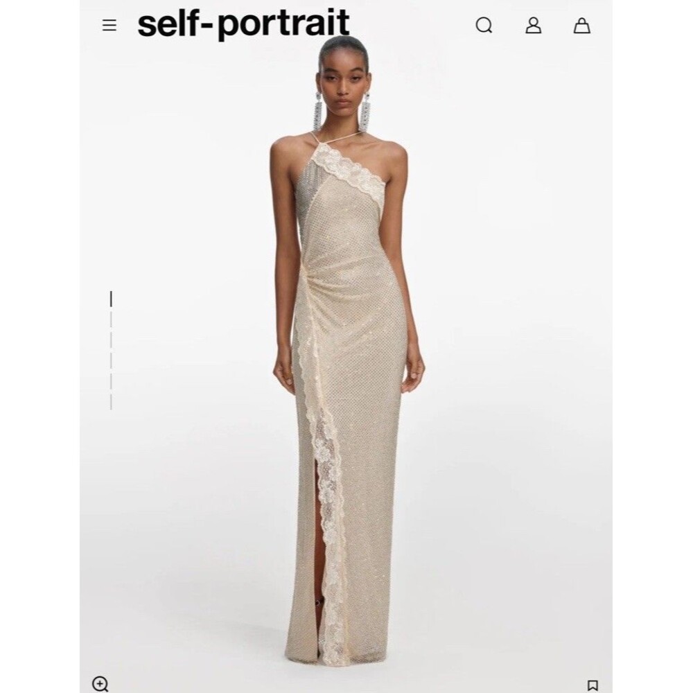 Self Portrait Champagne Rhinestone Lace Trim Maxi Dress Size: 6